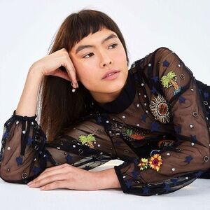 FARM Rio Black Sheer Mesh Blouse with Colorful Embroidered Motifs